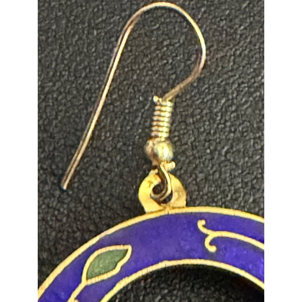 Vintage Cloisonne Lotus Earrings Guilloche Blue Gold Floral Enamel Dangle Drop - Picture 6 of 8